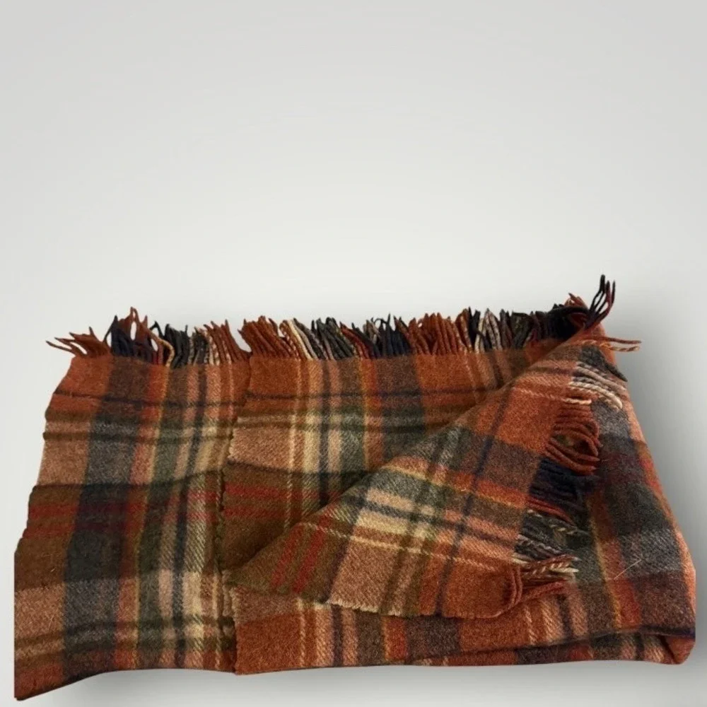 John Hanly & Co Ireland Wool Scarf Orange Plaid Fringed Heritage Dark Academia